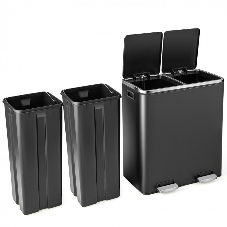 16-gallon dual step trash can in black with two separate buckets for efficient garbage sorting and noiseless lid.