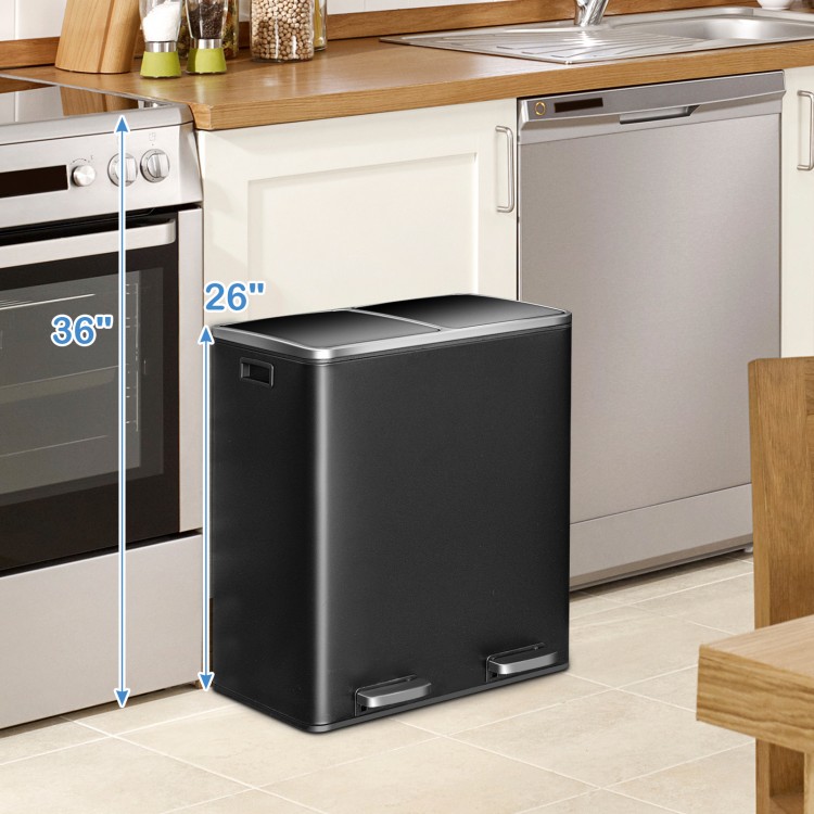 16-gallon dual step trash can in black with two separate buckets for easy garbage sorting, placed in a kitchen setting.
