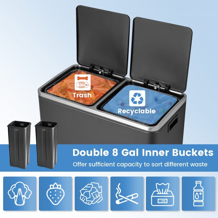 Dual step trash can with 16-gallon capacity, featuring two inner buckets for efficient waste sorting and a noiseless.