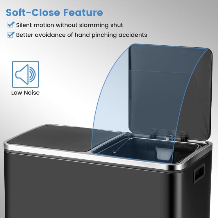 16-gallon black dual step trash can with soft-close lid feature for noiseless operation and easy garbage sorting.