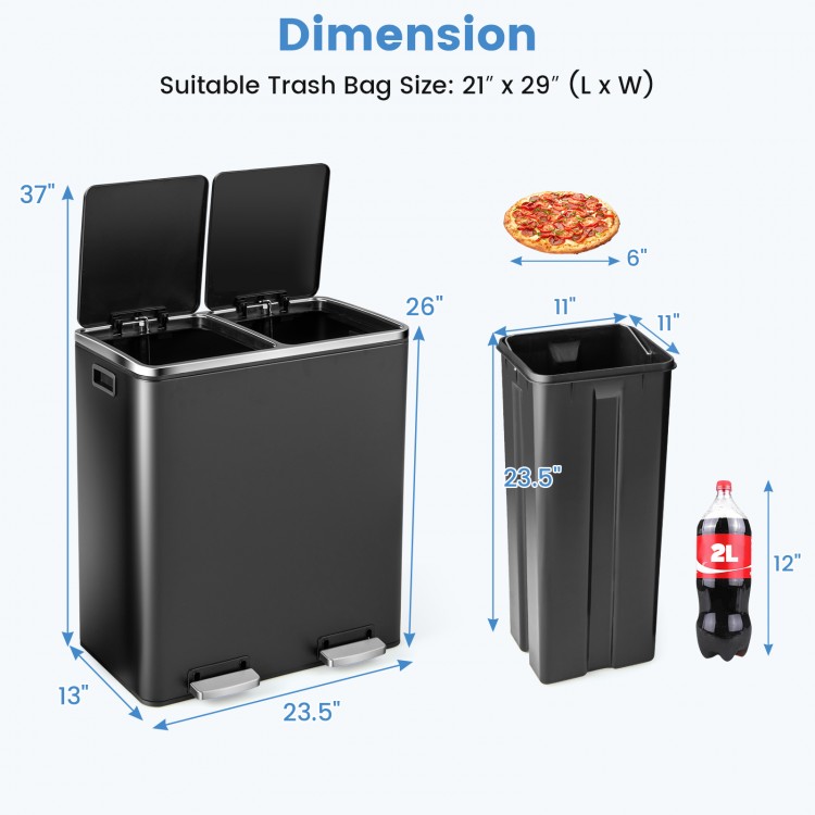 16-gallon dual step trash can in black with two separate buckets for efficient garbage sorting and easy lifting.