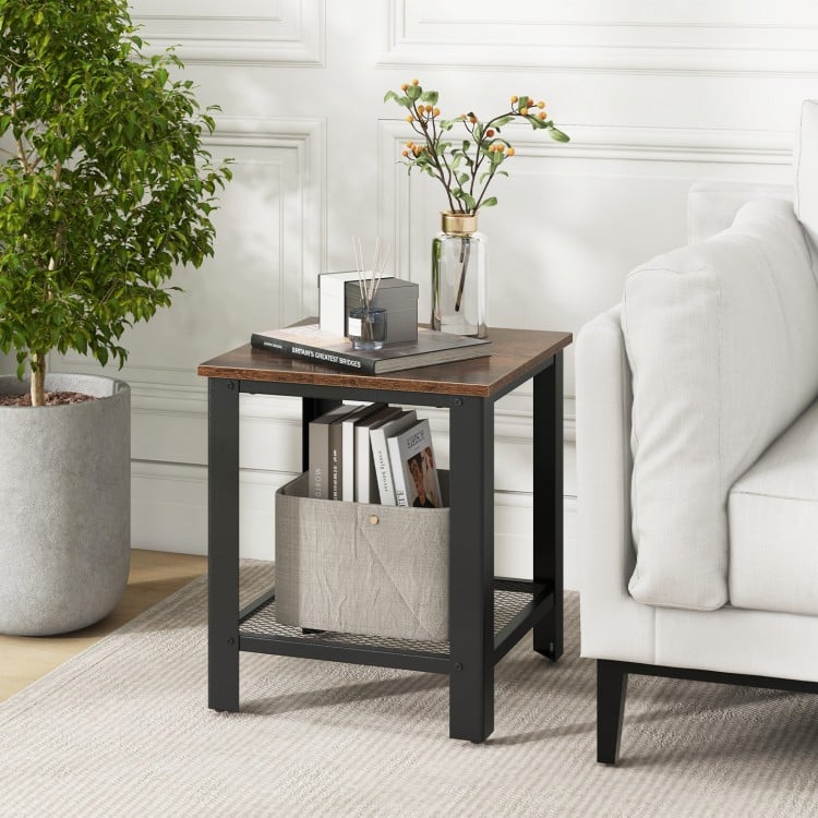 Industrial end table with a wood top and iron frame, featuring a lower netlike shelf for storage, ideal for living.