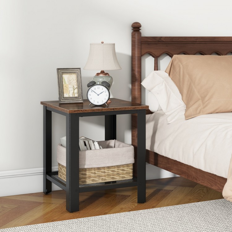 Industrial end table in black with a wood top and lower netlike shelf, perfect as a nightstand or side table.