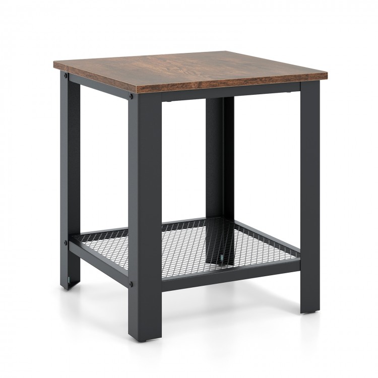 Industrial end table with a wooden top and black metal frame, featuring a netlike lower shelf for additional storage.