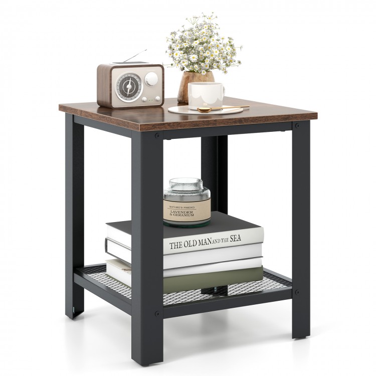 Industrial end table with a black metal frame and wooden top, featuring a lower netlike shelf for storage.
