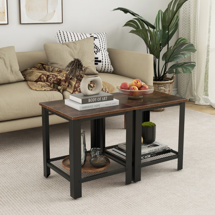Industrial end table with a rustic wood top and black iron frame, featuring a lower netlike shelf for storage.