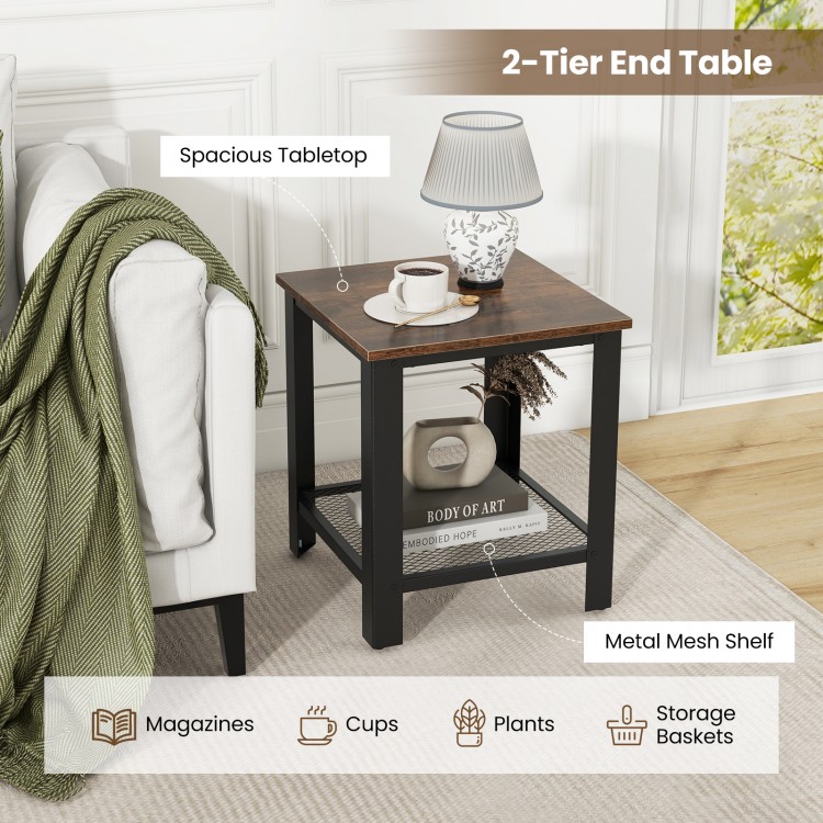 Industrial 2-tier end table in black with a spacious wooden top and metal mesh shelf for versatile storage and decor.