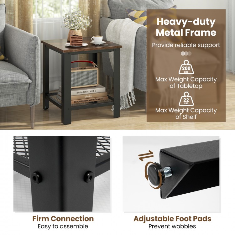 Industrial black end table with a sturdy metal frame, two tiers, and adjustable foot pads for stability in any room.