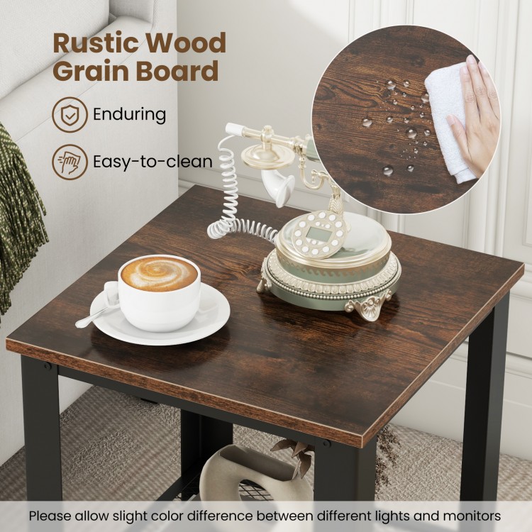 Industrial end table with rustic wood grain top and lower netlike shelf, perfect for living room or bedroom use.