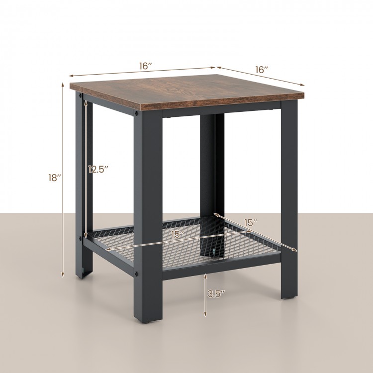 Industrial end table with a rustic wood top and black iron frame, featuring a lower netlike storage shelf for versatile.