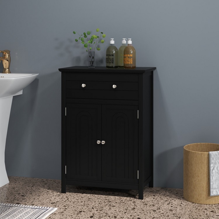 Black 2-door bathroom cabinet with drawer, adjustable shelf, and modern design for versatile storage solutions.