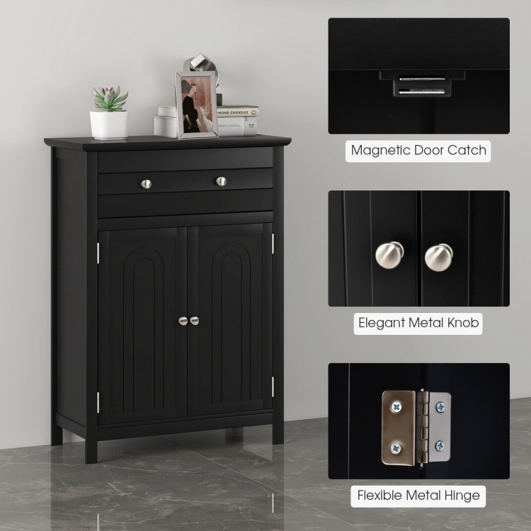 Black 2-door bathroom cabinet with drawer, adjustable shelf, and elegant metal knobs for stylish storage solutions.