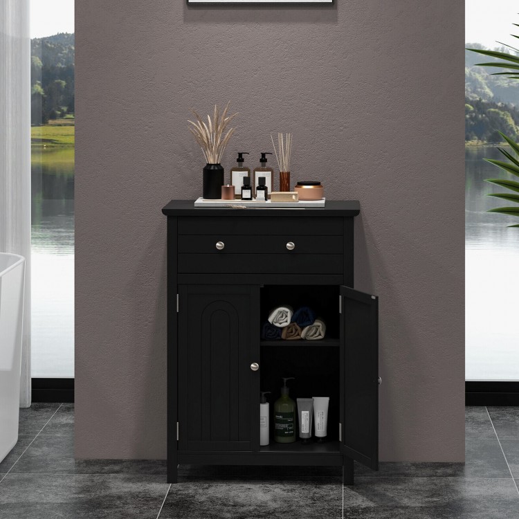 Freestanding black bathroom cabinet showcasing a wide top, large drawer, and sleek modern style for efficient storage.