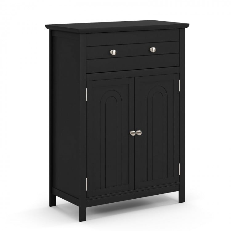 Freestanding black bathroom cabinet with two doors, large drawer, and adjustable shelf for versatile storage solutions.