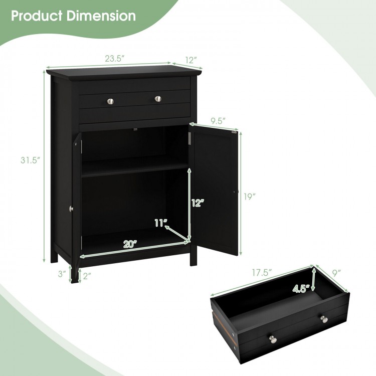 2-door black bathroom cabinet with adjustable shelf, large drawer, and dimensions for easy storage and organization.