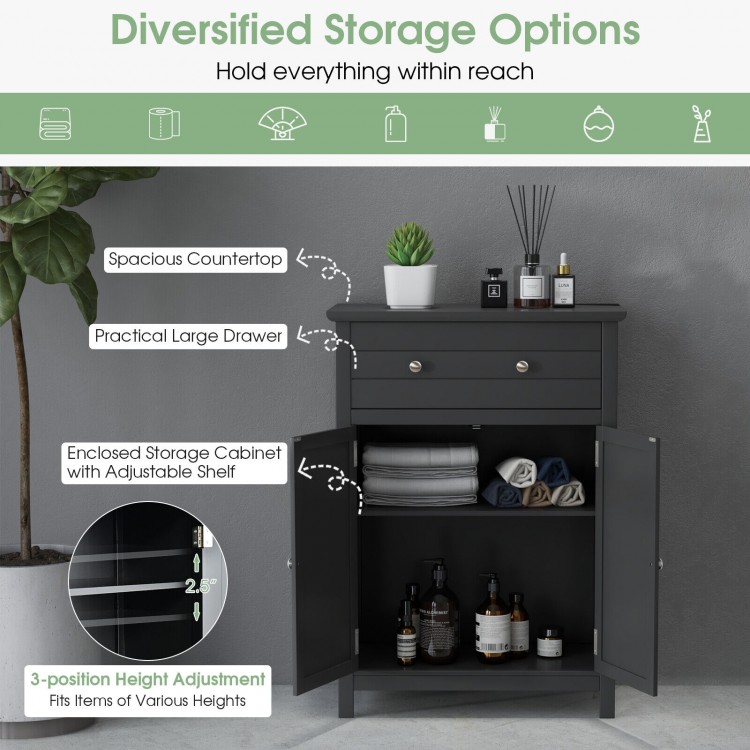 Black bathroom cabinet with adjustable shelf, large drawer, and round handles for easy opening and modern style.