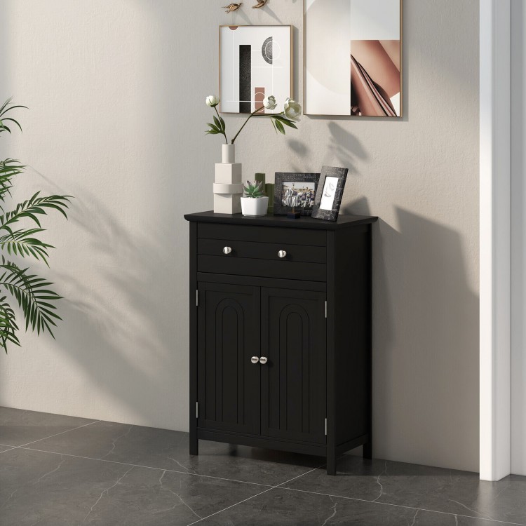 Black 2-door freestanding bathroom cabinet with drawer, adjustable shelf, and modern design for versatile storage.