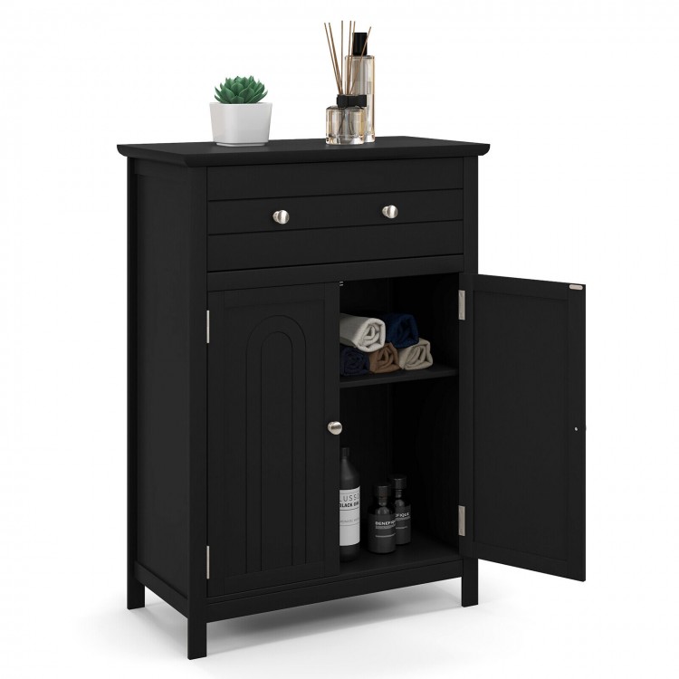 Freestanding black bathroom cabinet with 2 doors, large drawer, and adjustable shelf for versatile storage solutions.