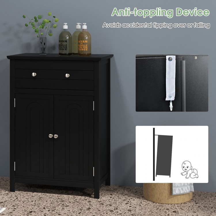 Black 2-door freestanding bathroom cabinet with drawer, adjustable shelf, and anti-toppling device for safe storage.