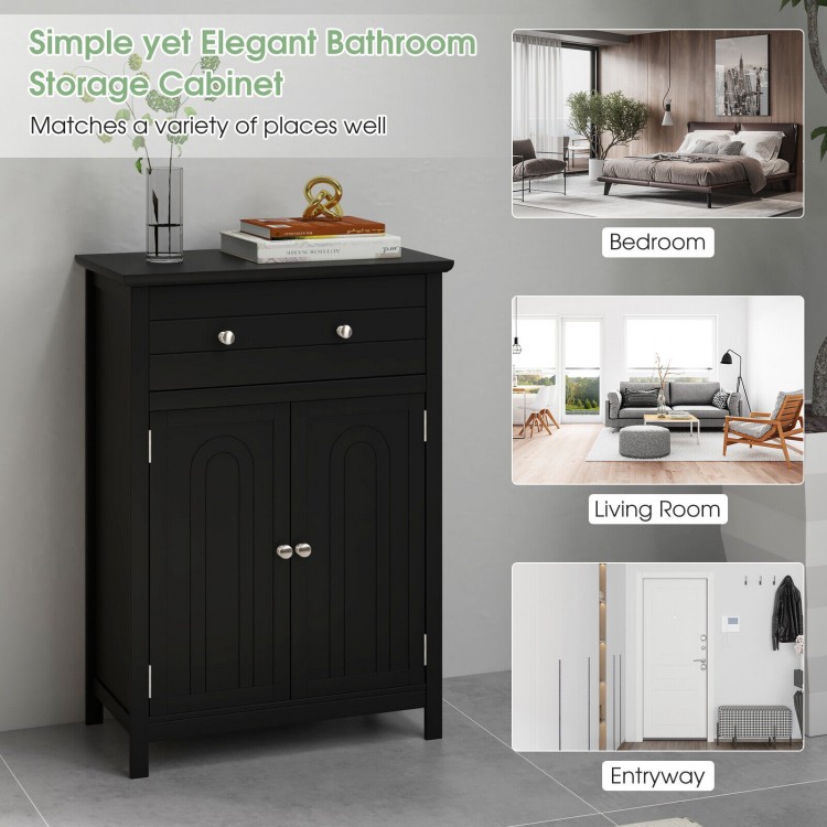 Freestanding black bathroom cabinet with 2 doors and a drawer, featuring adjustable shelf for versatile storage.