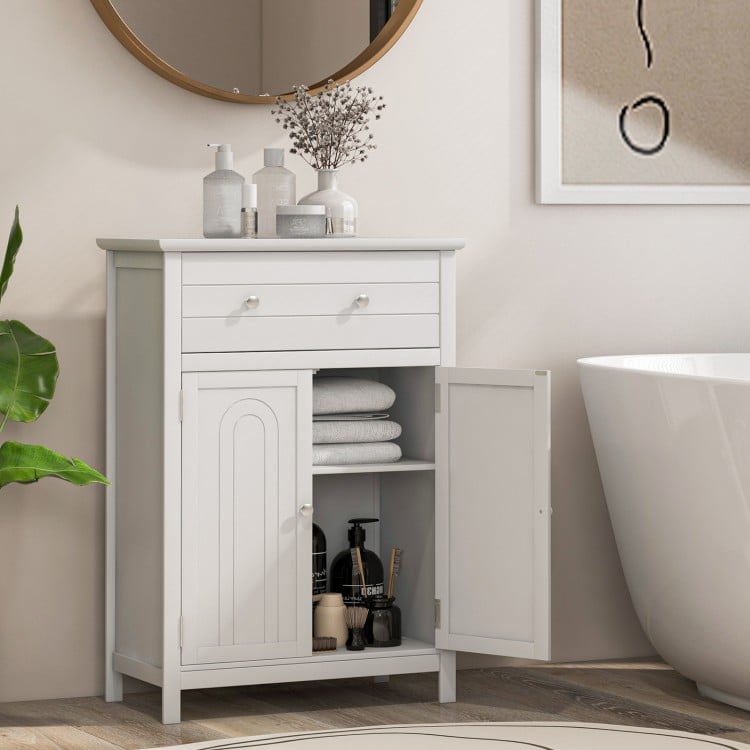 Free-standing bathroom storage cabinet with a sleek white finish and elegant design, ideal for stylish home decoration.