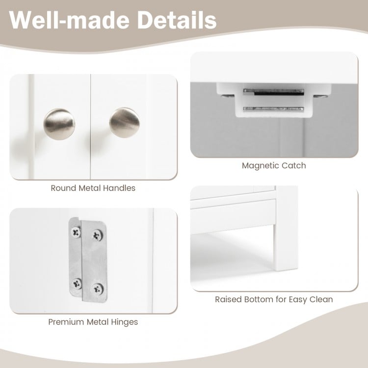 Close-up of premium metal hinges and round handles on the free-standing bathroom storage cabinet for easy access.
