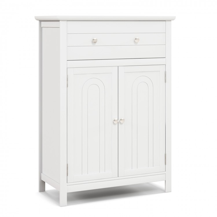 Free standing white bathroom storage cabinet with large drawer and adjustable shelf, perfect for home organization.