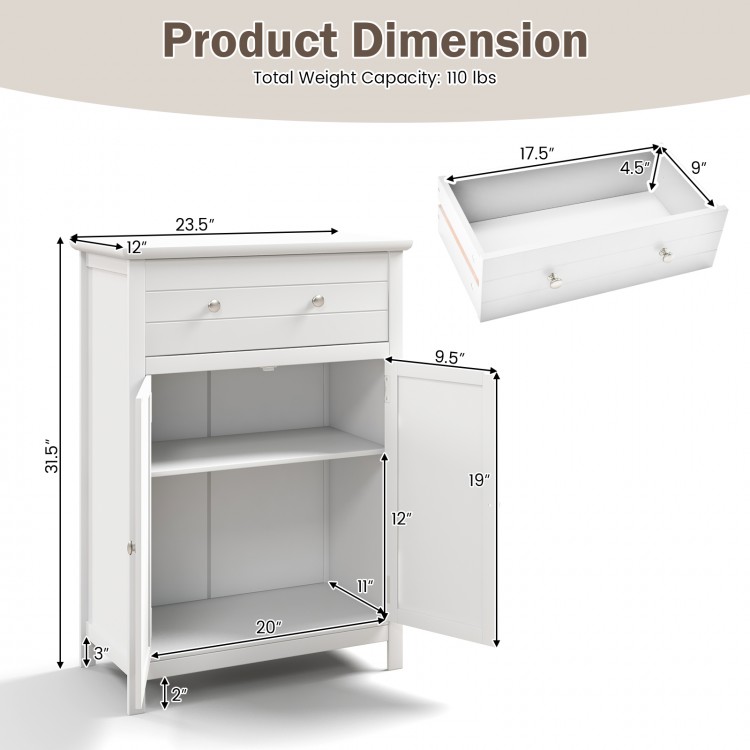 Free standing bathroom storage cabinet with large drawer, adjustable shelf, and modern design for versatile home use.