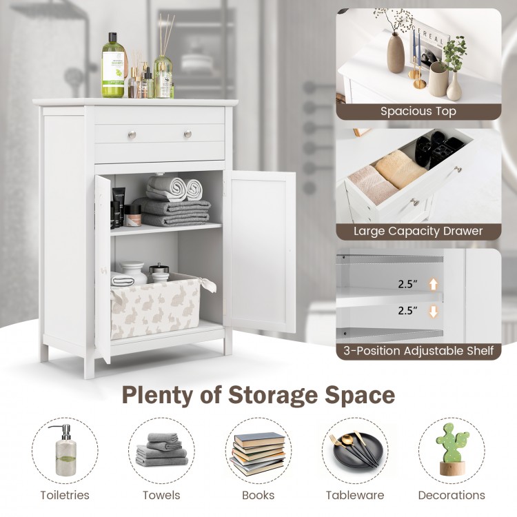 Free standing bathroom storage cabinet with large drawer, adjustable shelf, and spacious top for versatile home.