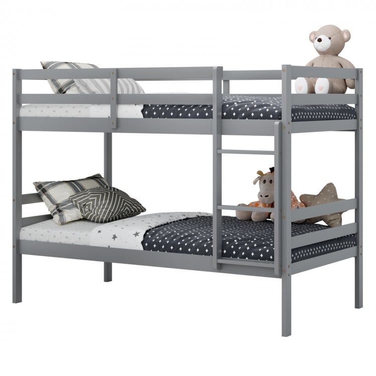 Twin size gray wooden bunk bed with ladder and safety rail, designed for compact spaces and enhanced stability.