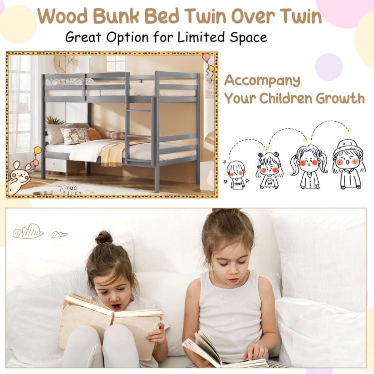 Twin size sturdy wooden bunk bed in gray with ladder and safety rail, ideal for space-saving in kids' rooms.
