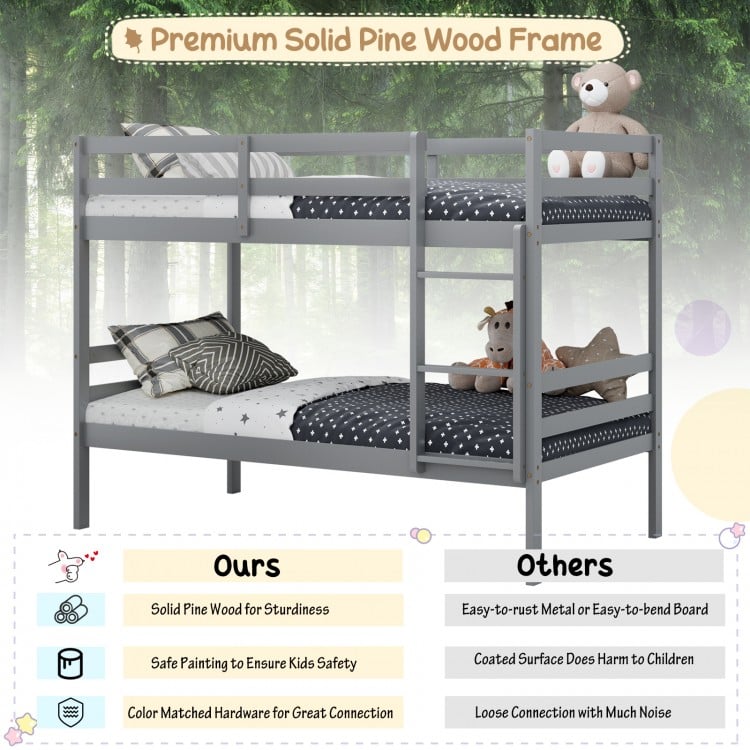 Twin size gray wooden bunk bed with ladder and safety rail, made of solid wood for compact spaces and stability.