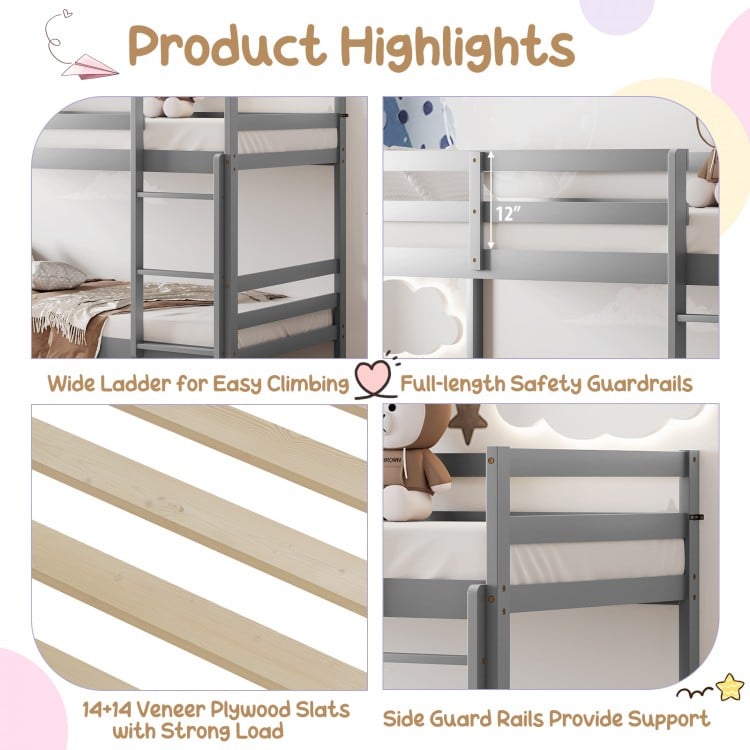 Twin size wooden bunk bed in gray with wide ladder, safety guardrails, and sturdy plywood slats for secure sleeping.