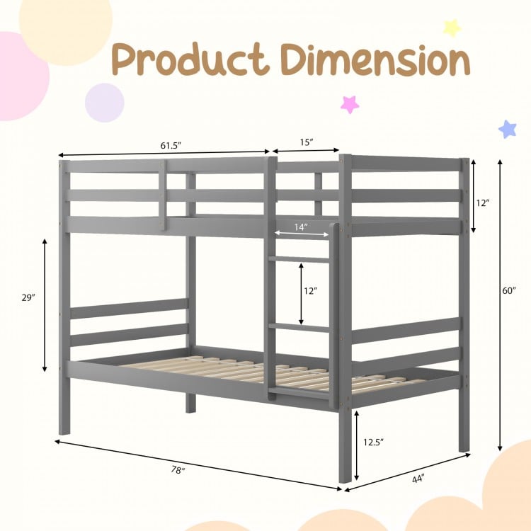 Twin size wooden bunk bed in gray with ladder, safety rail, and dimensions for compact spaces and secure sleeping.