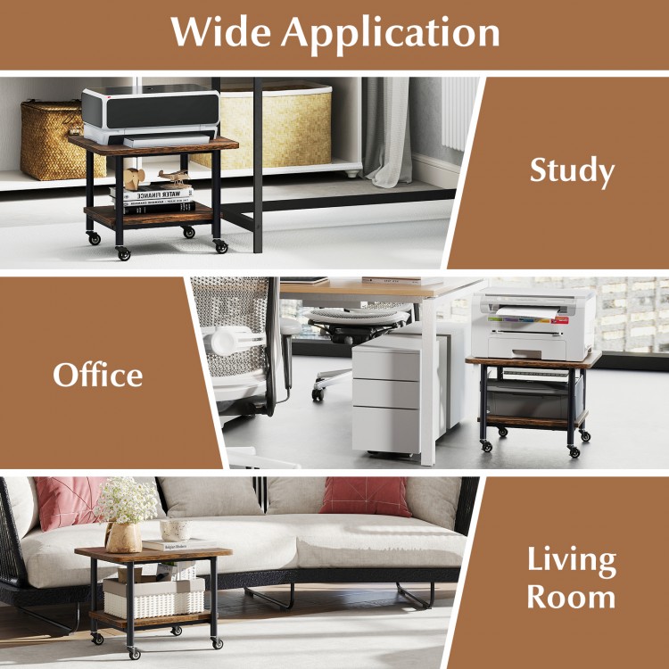 Under desk printer stand in brown with 360° swivel casters, ideal for office, study, or living room use.