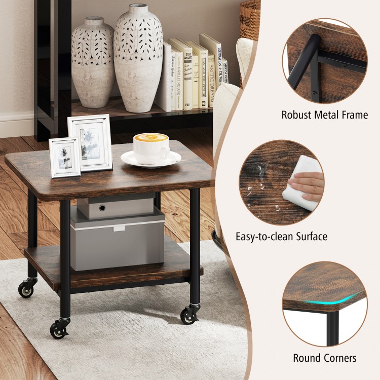 Under desk printer stand in brown with 360° swivel casters, sturdy metal frame, and easy-to-clean surface for office.