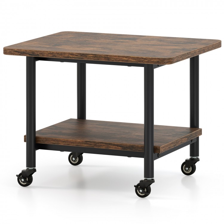 Under desk printer stand with brown engineered wood top and 360° swivel casters for flexible mobility and space-saving.