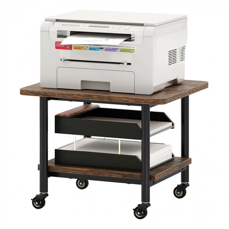 Under desk printer stand with 360° swivel casters, brown engineered wood, ideal for office and workspace organization.