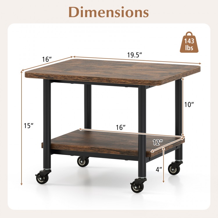 Under desk printer stand in brown with 360° swivel casters, dimensions 19.5" x 16" x 15", ideal for office use.