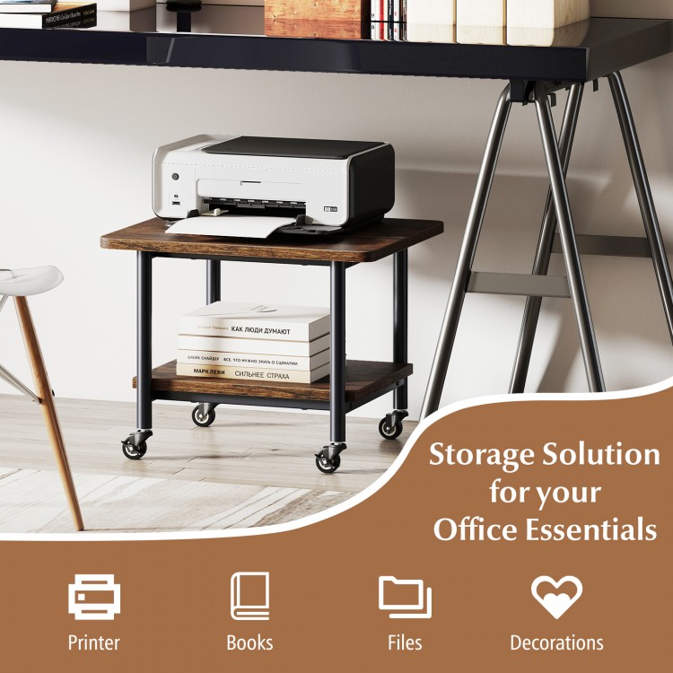 Under desk printer stand in brown with 360° swivel casters, ideal for storing office essentials and saving workspace.