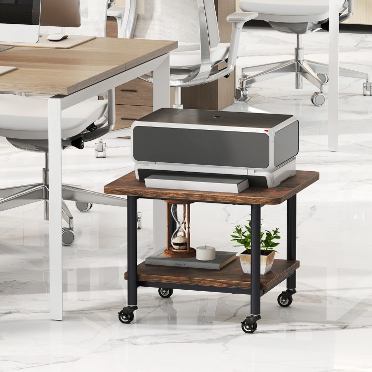 Under desk printer stand with brown engineered wood top and 360° swivel casters, perfect for office organization.