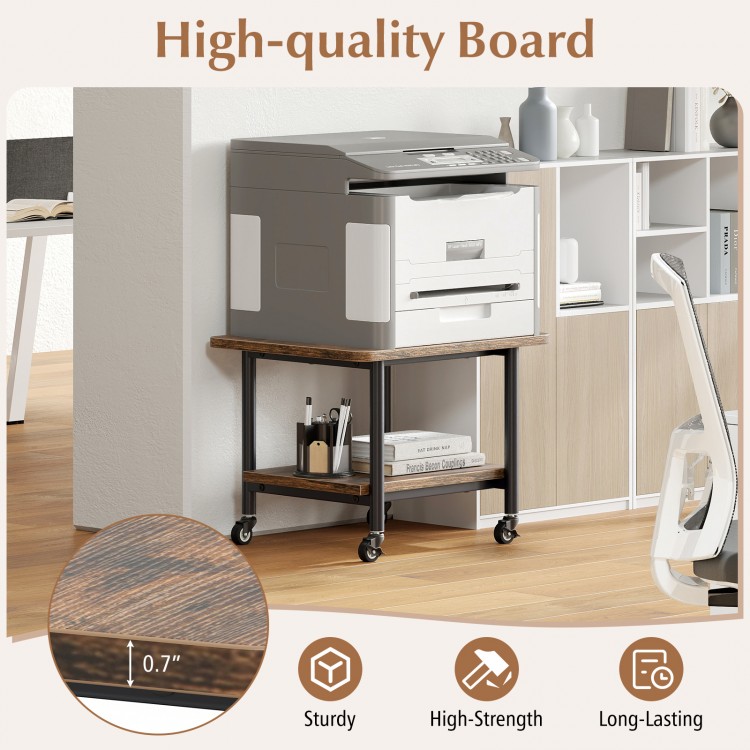 Under desk printer stand in brown with 360° swivel casters, sturdy engineered wood, ideal for office and home use.