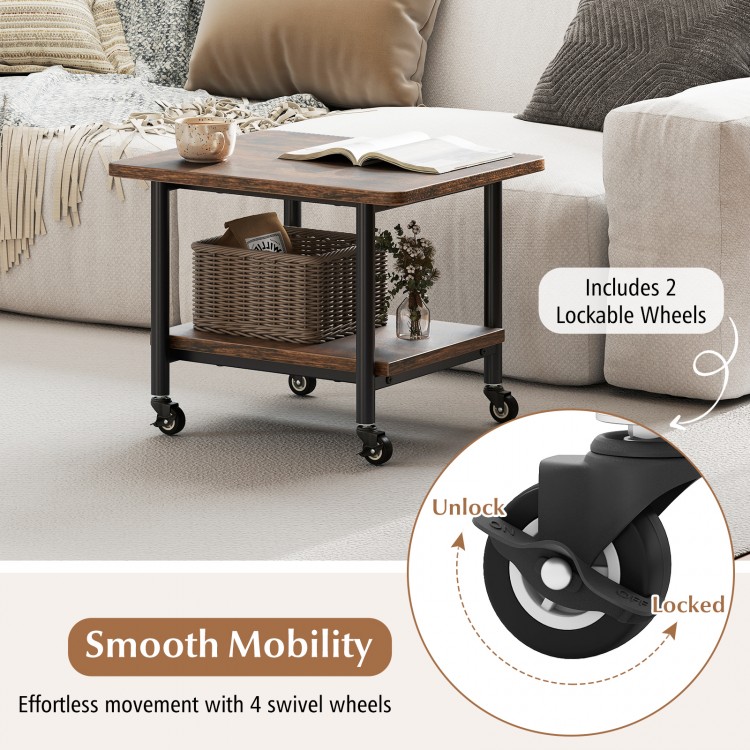 Under desk printer stand in brown with 360° swivel casters, featuring two lockable wheels for easy mobility.