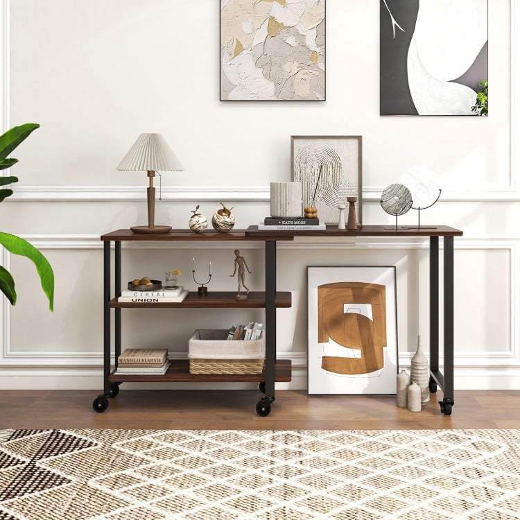 Walnut 360° rotating sofa side table with storage shelves, featuring wheels for mobility, perfect for living room use.
