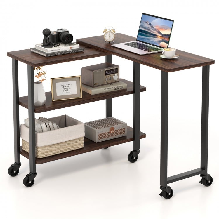 L-shaped walnut side table with storage shelves, 360° rotating design, and smooth-rolling casters for versatile use.