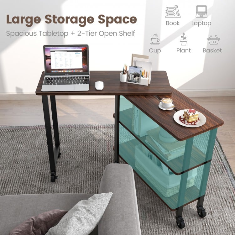 L-shaped walnut side table with 2-tier storage shelves and wheels, perfect for living room or office use.