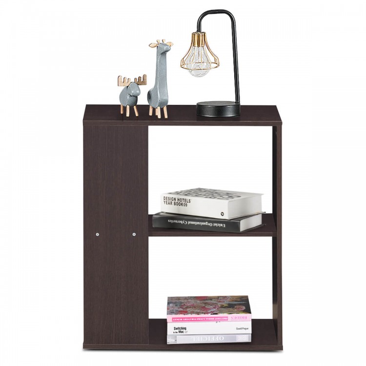 3-tier brown side end table with storage shelves, featuring engineered wood, ideal for living room or bedroom use.