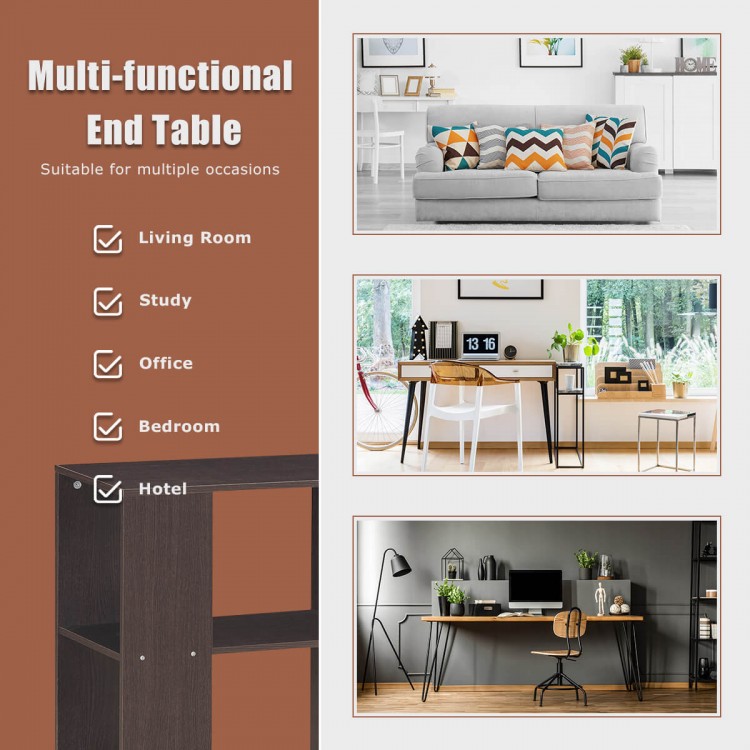 3-tier brown end table with open shelves, perfect for living room or bedroom storage and stylish decor integration.