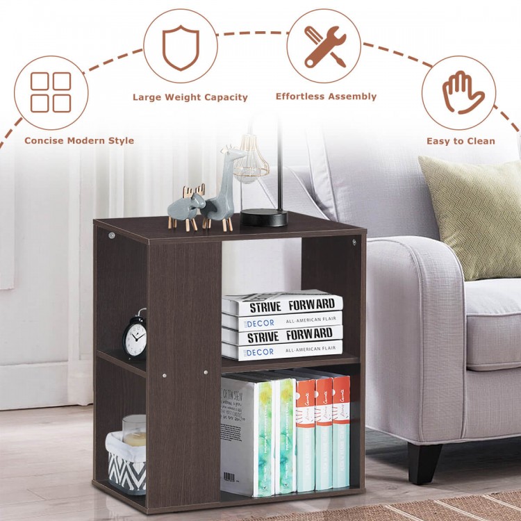 3-tier brown side end table with open shelves for storage, perfect as a nightstand or living room accent.