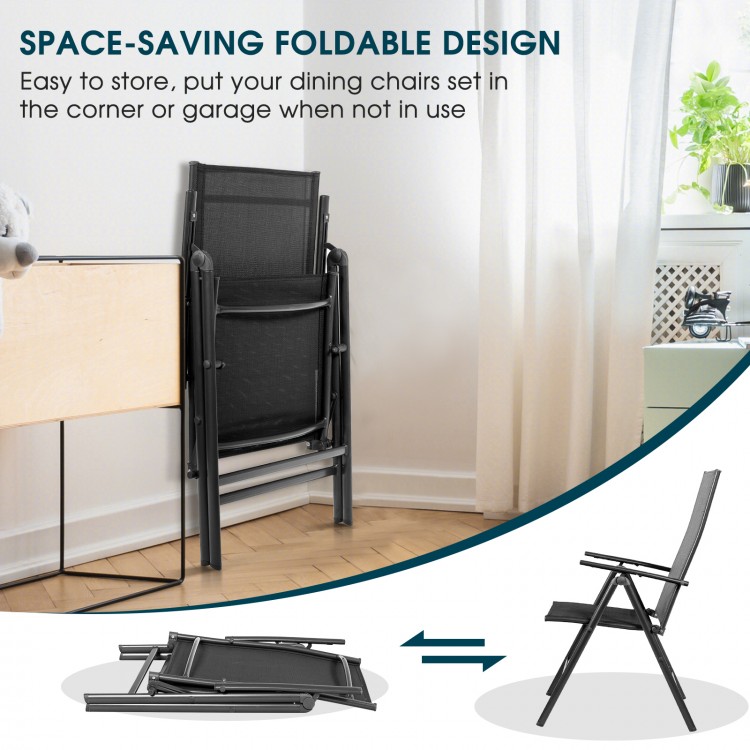 Adjustable portable patio folding dining chair recliners in black, featuring a space-saving foldable design for easy.